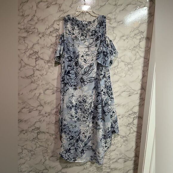 BCBGeneration Blue Floral Sheer Lightweight Cold Shoulder Kimono Top One Size - Picture 7 of 7